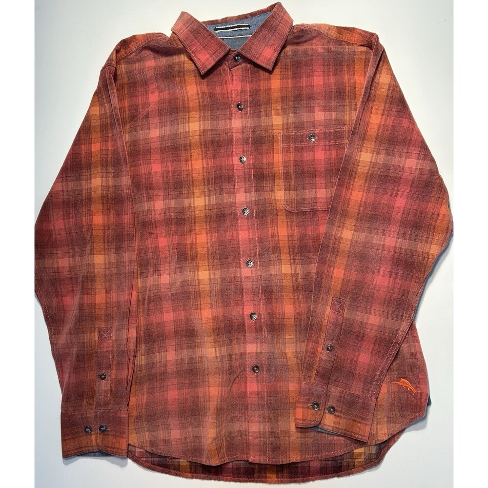 Tommy Bahama Coastline Cord Men’s Size L Red Orange Plaid Logo 16/35 Button Down